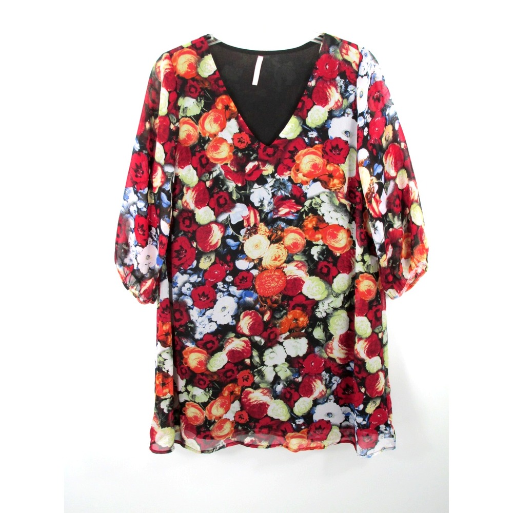 Lulus Floral Midi Shift Dress Womens Medium Multicolor V-Neck Puff Sleeve 42518